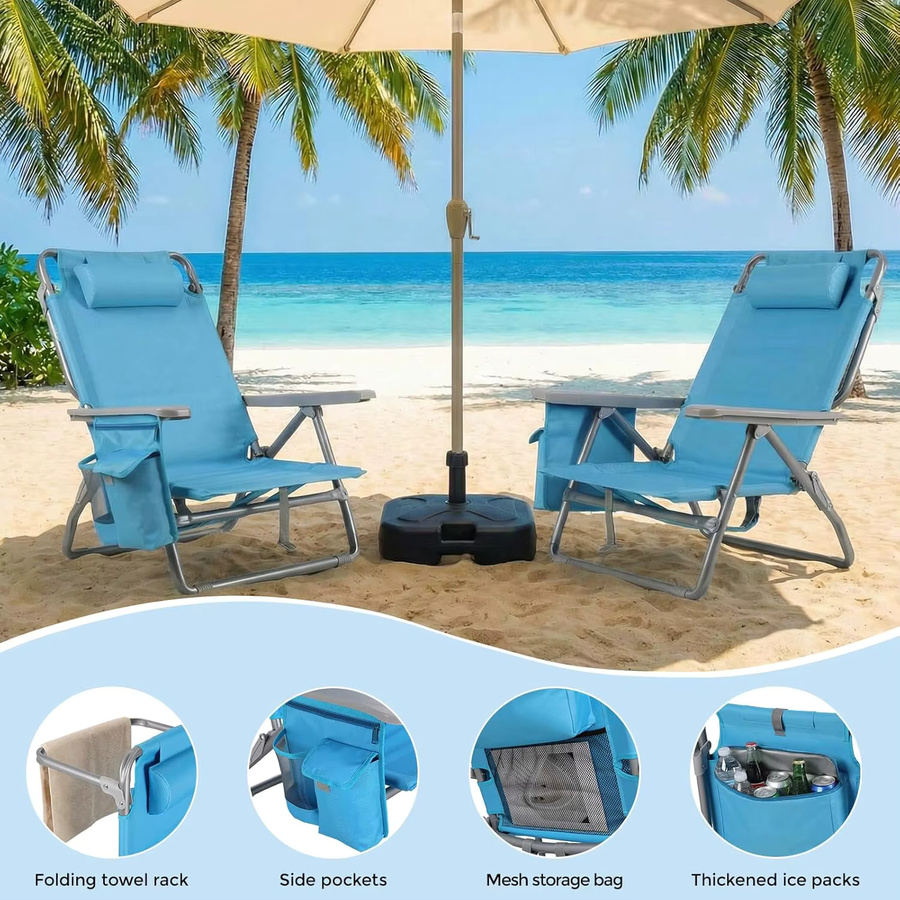 AuAg Klappbarer Strandstuhl und Campingstuhl mit verstellbarer Rückenlehne und Kühltasche, Tragkraft bis 150 kg, Farben: Blau oder Grün - Bild 2
