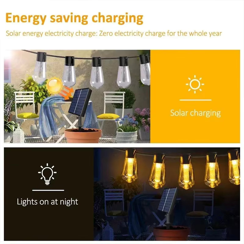 Solar LED Lichterkette Super-Cheese mit Retro Vintage Glühbirnen, IP65 Wasserdicht, Warmweiß, Schwarz, für Garten und Party-Dekoration - Bild 3
