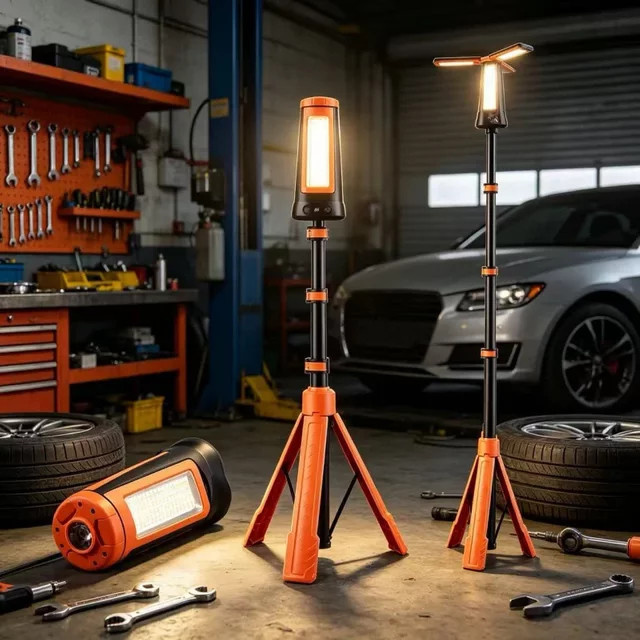 JIASHUAIXIN Multifunktionale Campinglampe mit Halterung, tragbare und faltbare Arbeitsleuchte in Schwarz und Orange, wiederaufladbar - Bild 1
