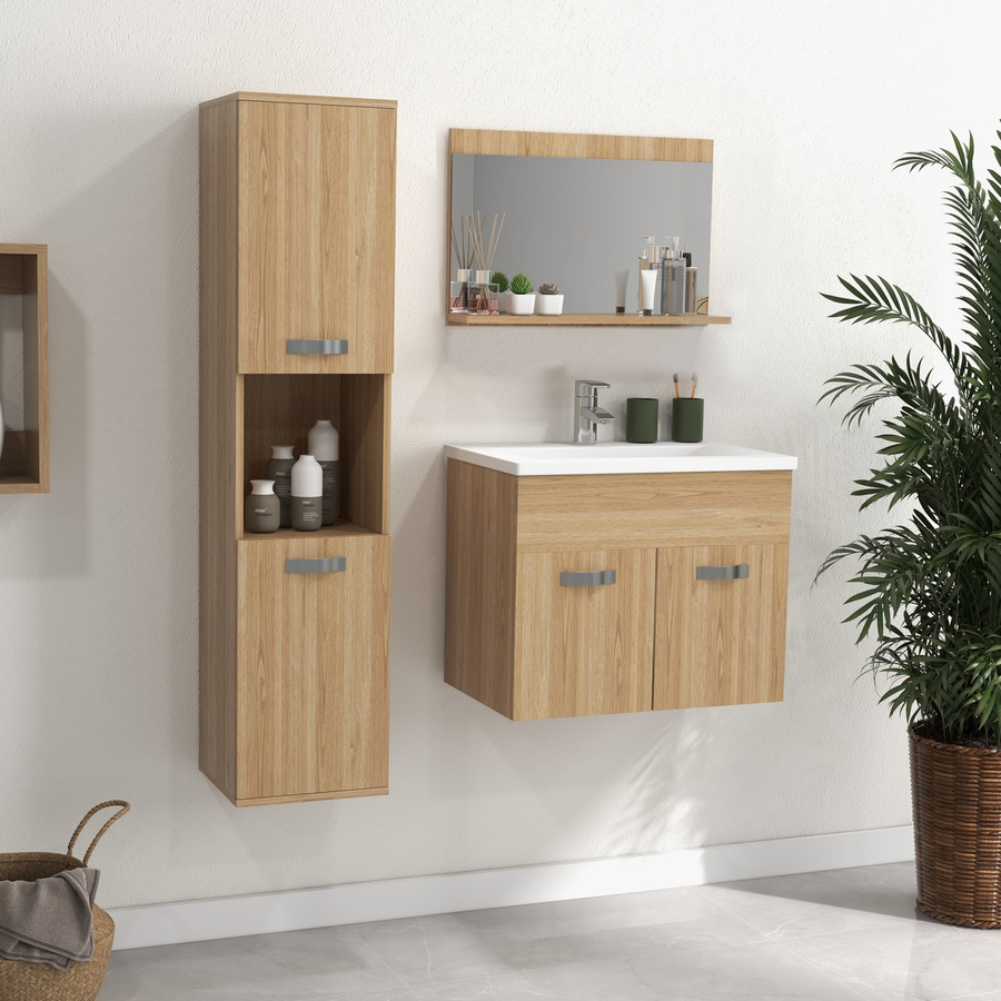 Kleankin Badezimmermöbel-Set 3-teilig mit Spiegelschrank, wandhängendem Unterschrank mit Keramikwaschbecken und Säulenschrank mit verstellbaren Regalen in Natur/Beige/Braun - Bild 2