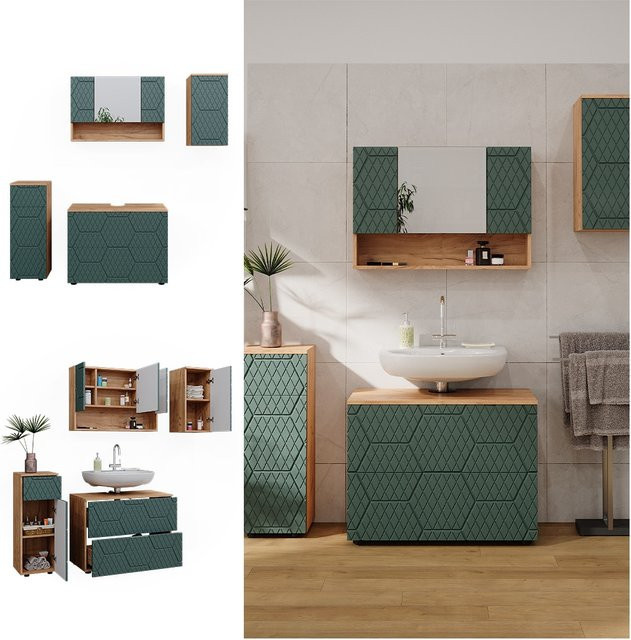Vicco Badmöbel-Set Irma 4-teilig in Eiche und Grün mit Goldakzenten inklusive Waschbeckenunterschrank, Spiegelschrank und zwei Badschränken - Bild 1