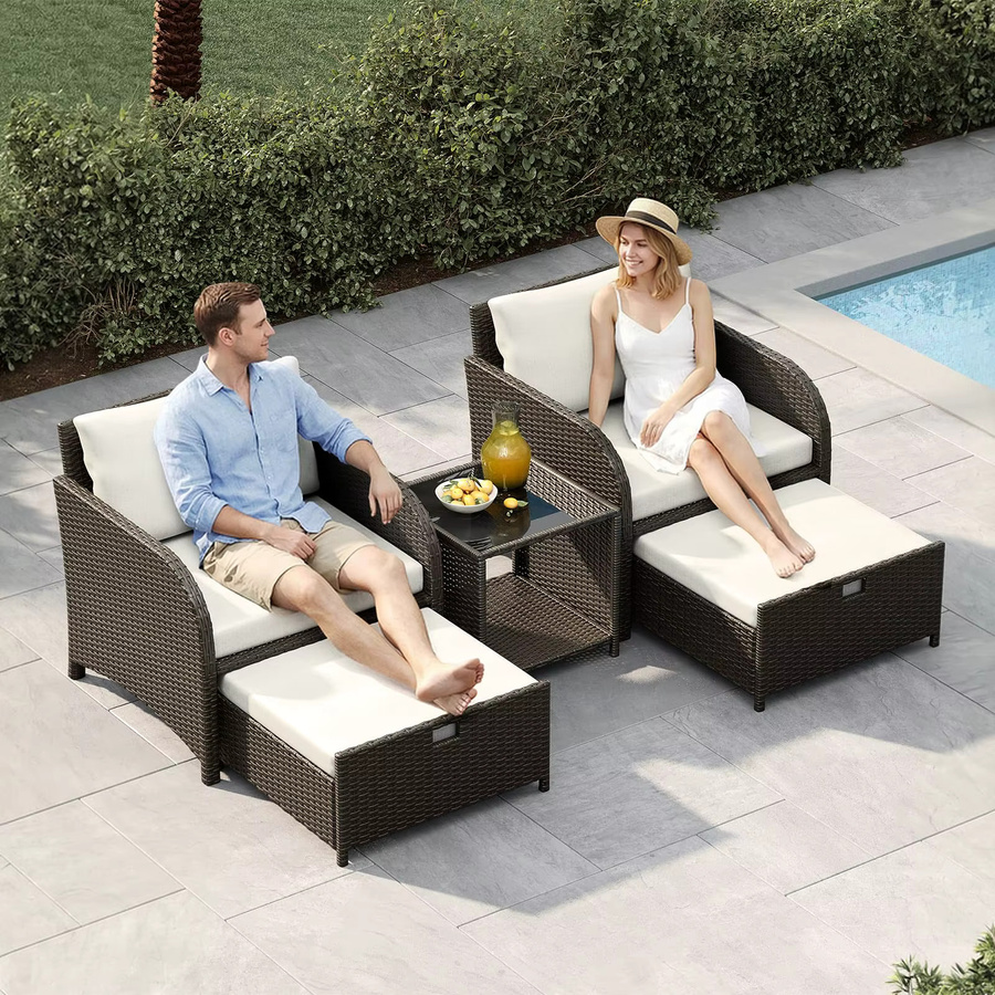 HiMISS 5-teiliges Rattan-Gartenmöbel-Set mit Glastisch und blauen Polstern in Braun - Bild 2