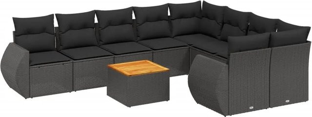 vidaXL 10-tlg Garten-Sofagarnitur in L-Form aus Polyrattan und Akazienholz mit Kissen, Schwarz - Bild 1