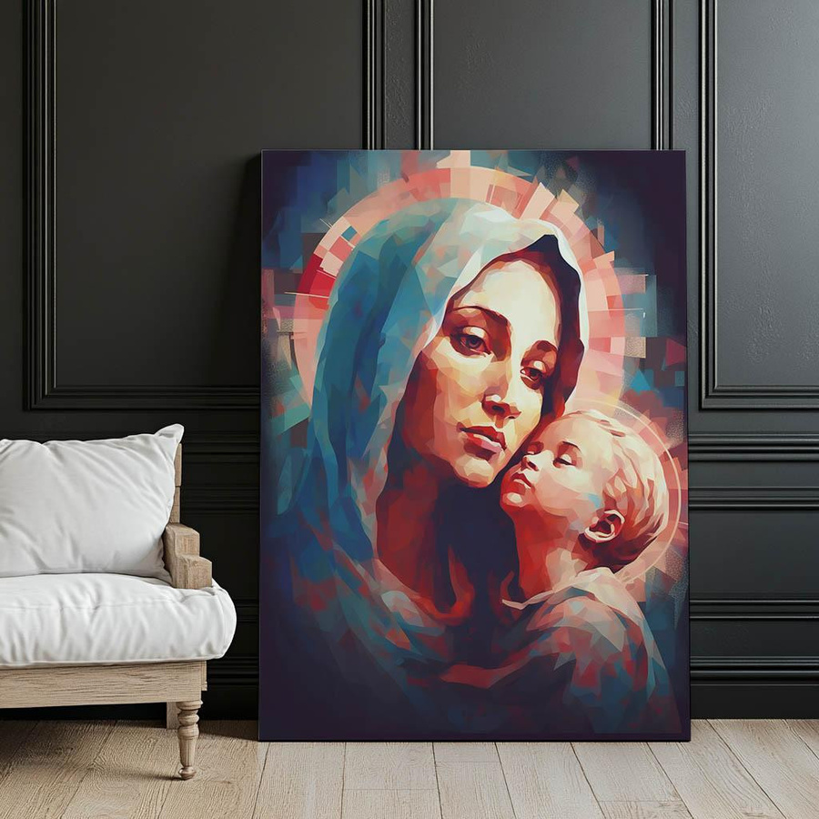 Harmony Posters Maria mit dem Jesuskind Wandbild Blau, B: 30 cm, H: 40 cm, Holzrahmen Eiche hell - Bild 5