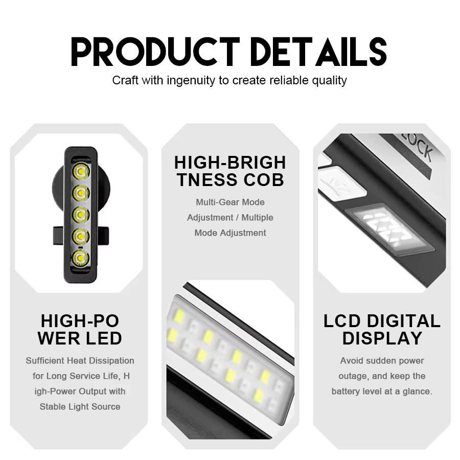 JIASHUAIXIN Dual-Light wiederaufladbare Notfalllampe mit superheller LED COB, 3000 mAh Akku, Digitalanzeige und 6 Modi, Schwarz - Bild 4