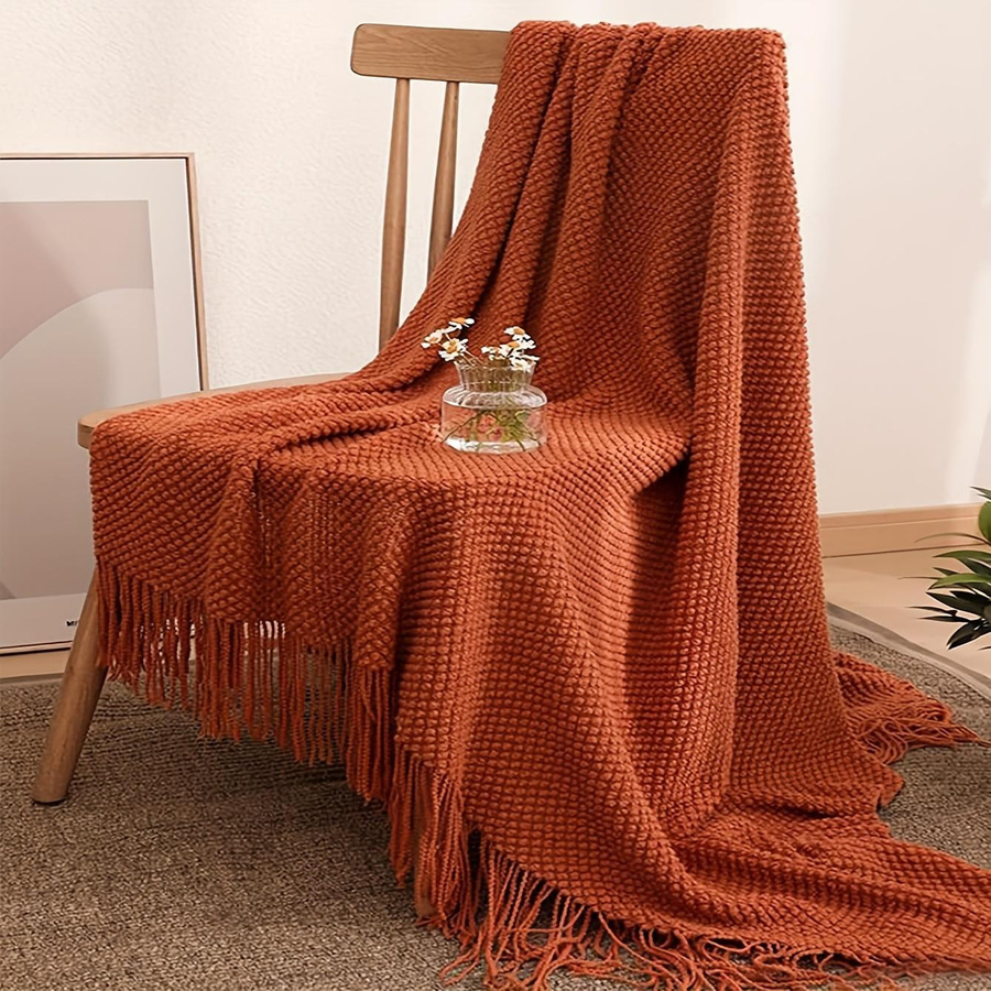 Yiran Furniture Strickdecke mit Quaste in Orange, weiche Überwurfdecke aus Acryl, B/B: 127 x 220 cm - Bild 3