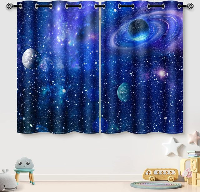 Halbverdunkelnde Vorhänge mit Galaxie-Motiv von Yiran Furniture, blau/mehrfarbig, thermoisoliert, mit Ösen, B/H: 100 x 130 cm - Bild 1