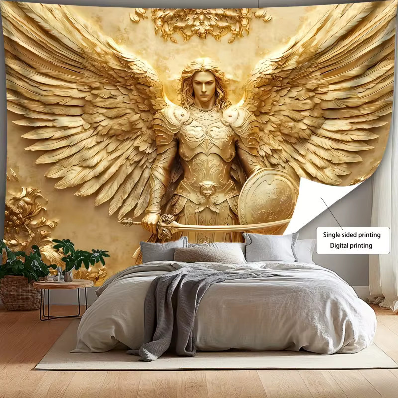 VIKAMA Wandteppich Charming Angel mit Erzengel Michael, dekoratives Kunstwerk in Gold, Textil-Wandbild für dein Wohnzimmer - Bild 2