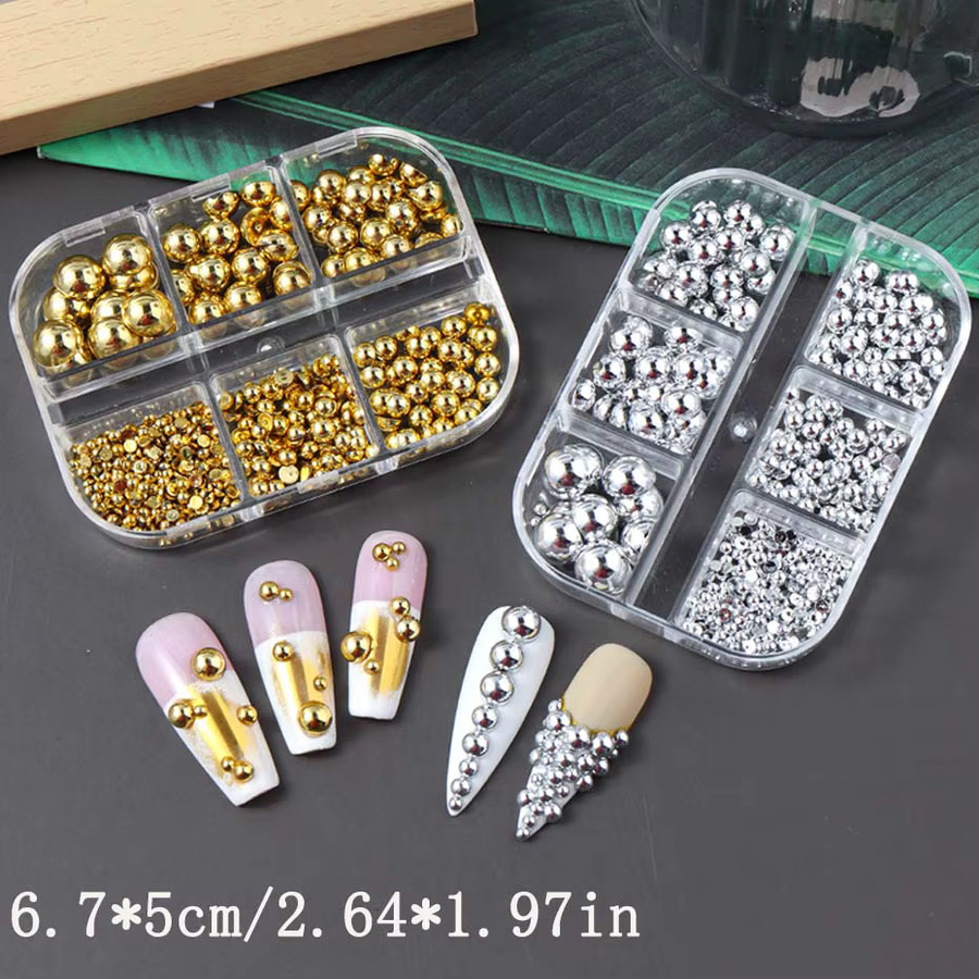 Nagelkunst-Charms, goldene silbrige Halbkreisperlen, 6 Gitter, gemischte Größe - Bild 3