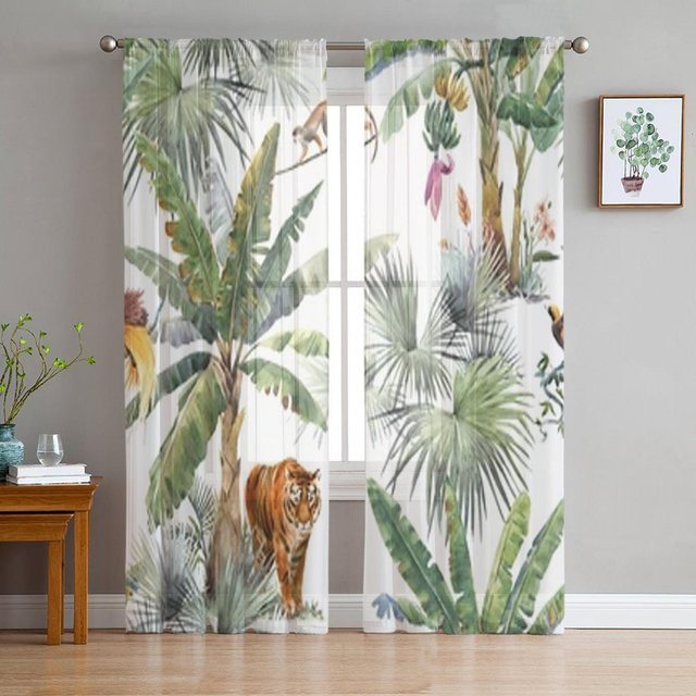 Transparente Safari Tüll-Fenstervorhänge mit Dschungel-Tier-Motiv von Household supplies MH, 2er-Set, B: 50 cm, H: 130 cm - Bild 1