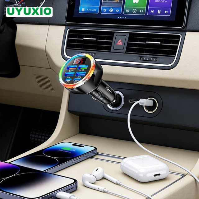 UYUXIO 6-in-1 USB-C Autoladegerät mit Voltmeter und Spannungsanzeige in Schwarz für Samsung und iPhone - Bild 1