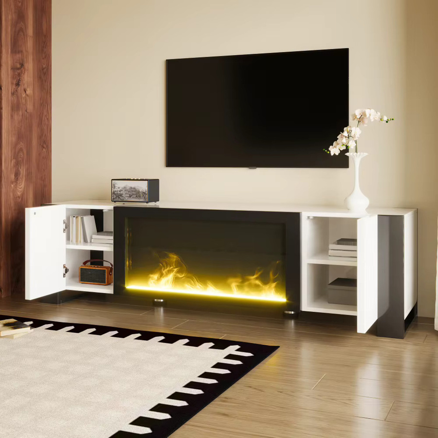 Ye Lowboard TV-Schrank mit elektrischem Kamin-Flammeneffekt in Weiß Hochglanz - Bild 6