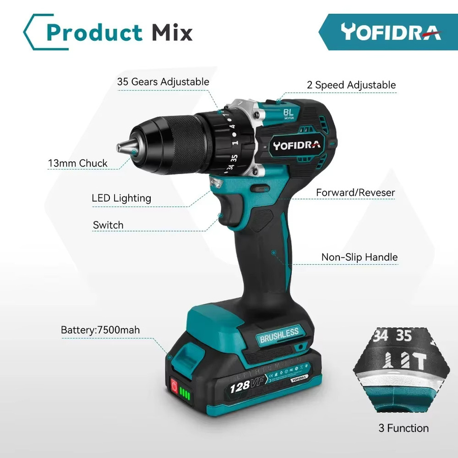 YOFIDRA Bürstenlose elektrische Schlagbohrmaschine und Akkuschrauber mit 35+3 Drehmomentstufen, 13 mm Bohrfutter, kompatibel mit Makita 18 V LXT Akkus - Bild 5