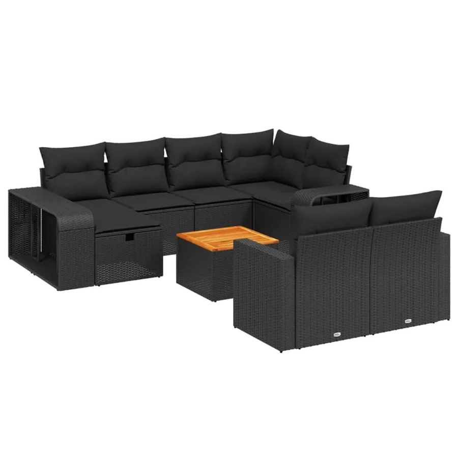 vidaXL 11-tlg. Garten-Sofagarnitur in U-Form aus Polyrattan und Akazienholz mit Kissen in Schwarz - Bild 2
