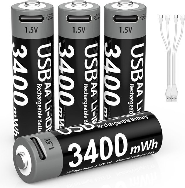 Kuugro AA Li-Ionen Akku mit USB Typ-C, 1,5V 3400mWh wiederaufladbare Batterie für Fernbedienungen, Smart-Türschlösser und Spielzeug - Bild 1