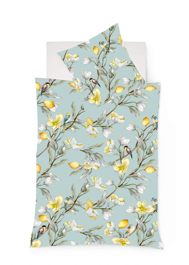 Fleuresse Mako-Satin Bettwäsche mit Zitronen, Blüten und Vögeln in Smaragdgrün, B/H: 155 x 220 cm - Bild 1