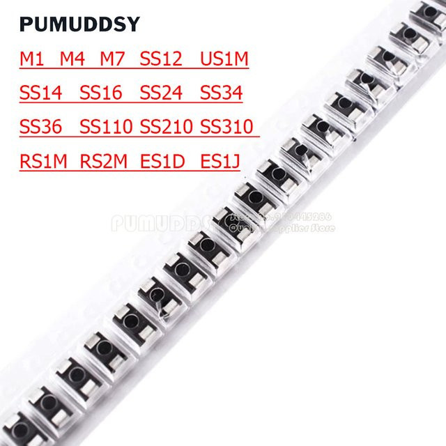 100 Stück Schottky Dioden Set in Schwarz, verschiedene Typen wie SS12 SS14 SS16 SS24 SS26 SS34 SS36 SS110 SS210 US1M RS2M ES1D DO-214AC von PUMUDDSY - Bild 1