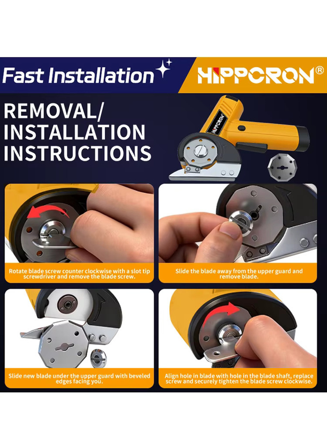 Hippcron Kabellose Elektrische Schere 4,2V Gelb mit 450rpm und vierstufig einstellbarem Rotationsschneider für Stoff, Leder und Teppich - Bild 7