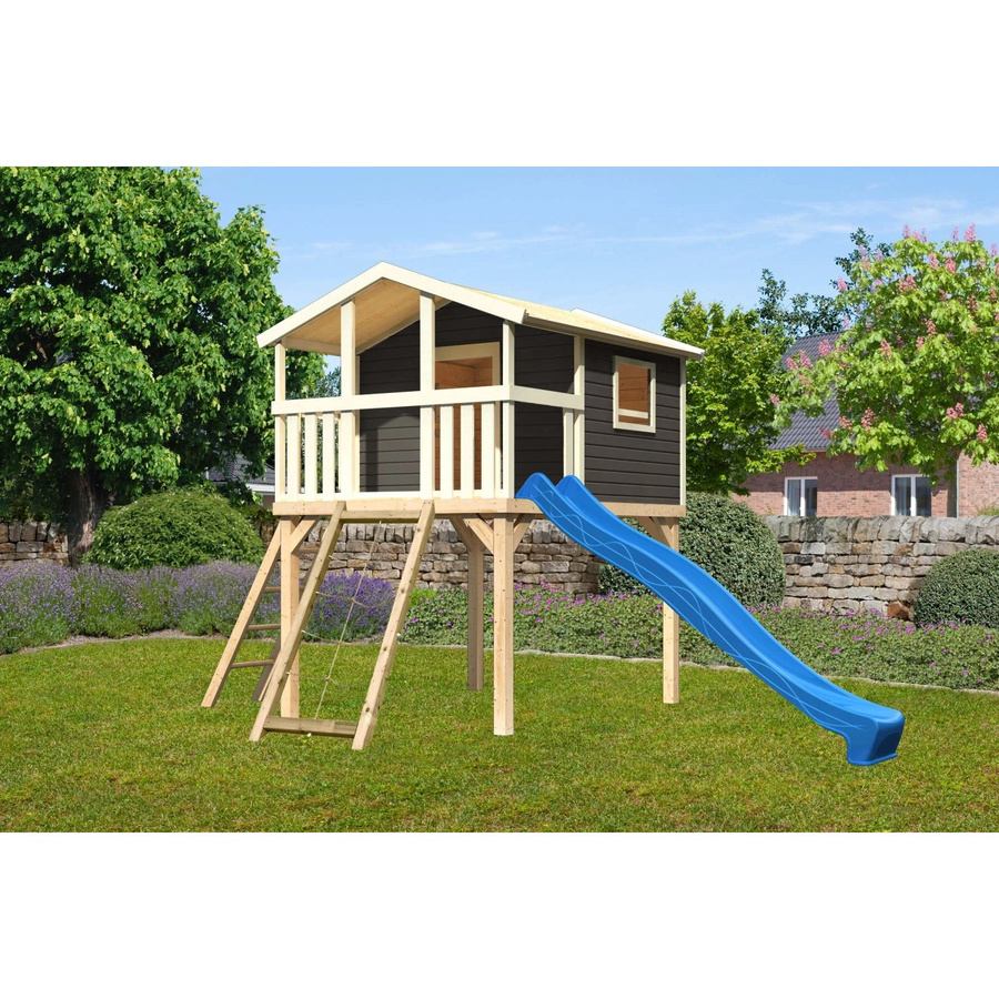 Karibu Stelzenhaus Benjamin Spielturm in Terragrau mit Leiter, Netzrampe und Rutsche in Blau, B/H/T: 225 x 309 x 250 cm - Bild 2