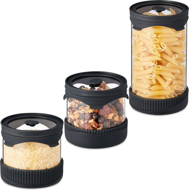 Relaxdays Vorratsgläser 3er Set aus Glas mit Silikon Deckel, transparent und schwarz, luftdicht und mikrowellengeeignet - Bild 1