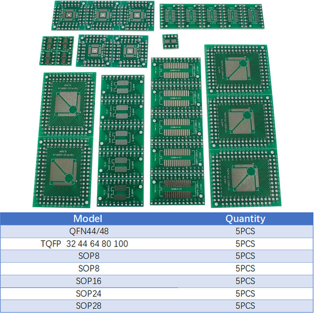 30 Stück 6-in-1 PCB Prototyp Board SMD zu DIP Adapter Kit in Grün für TQFP FQFP32, QFN44/48 und SOP8 bis SOP28 Konverter Boards - Bild 1