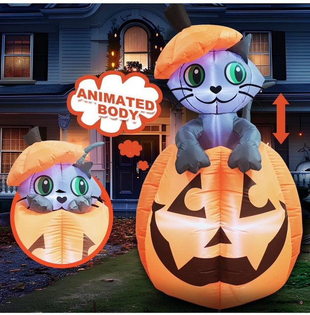 Aufblasbare Halloween-Dekoration von Discover Intime: Gruselige Katze auf Kürbis, grau und mehrfarbig, Höhe: 150 cm - Bild 1