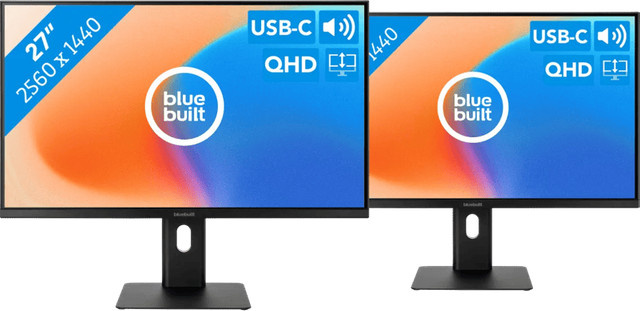 BlueBuilt 27 Zoll Quad HD Monitor Doppelpack mit IPS-Panel und USB-C, Schwarz - Bild 1