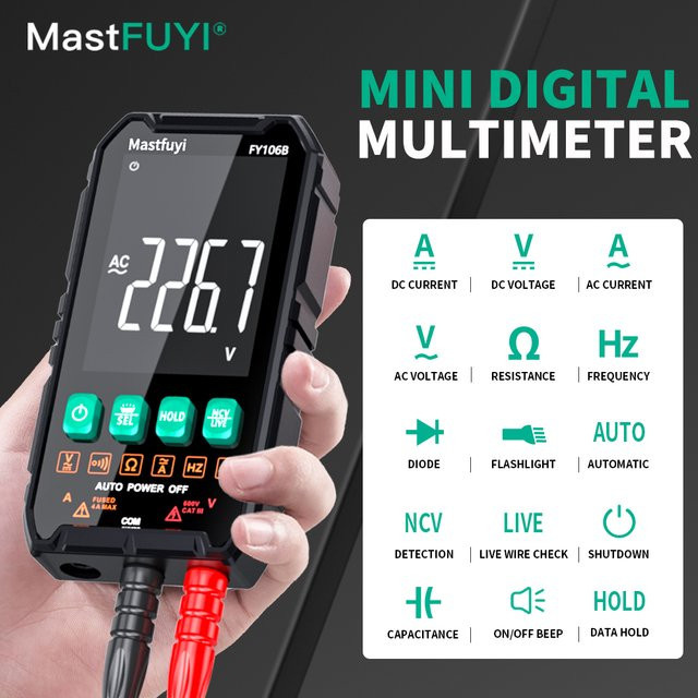MASTFUYI Mini-Digitalmultimeter in Schwarz mit 4000 Zählungen, True RMS, intelligenter Messung, automatischer Bereichswahl und berührungsloser Spannungserkennung - Bild 1