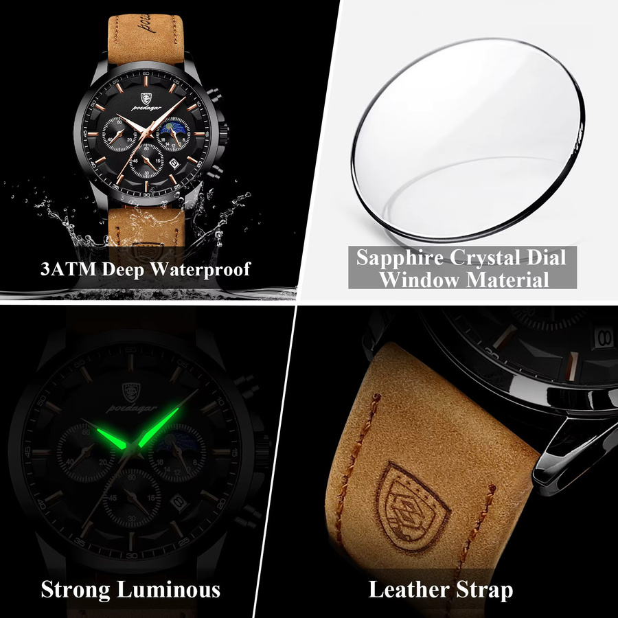 POEDAGAR Armbanduhr Chronograph, Quarz, Leder, Herren, Schwarz - Bild 4