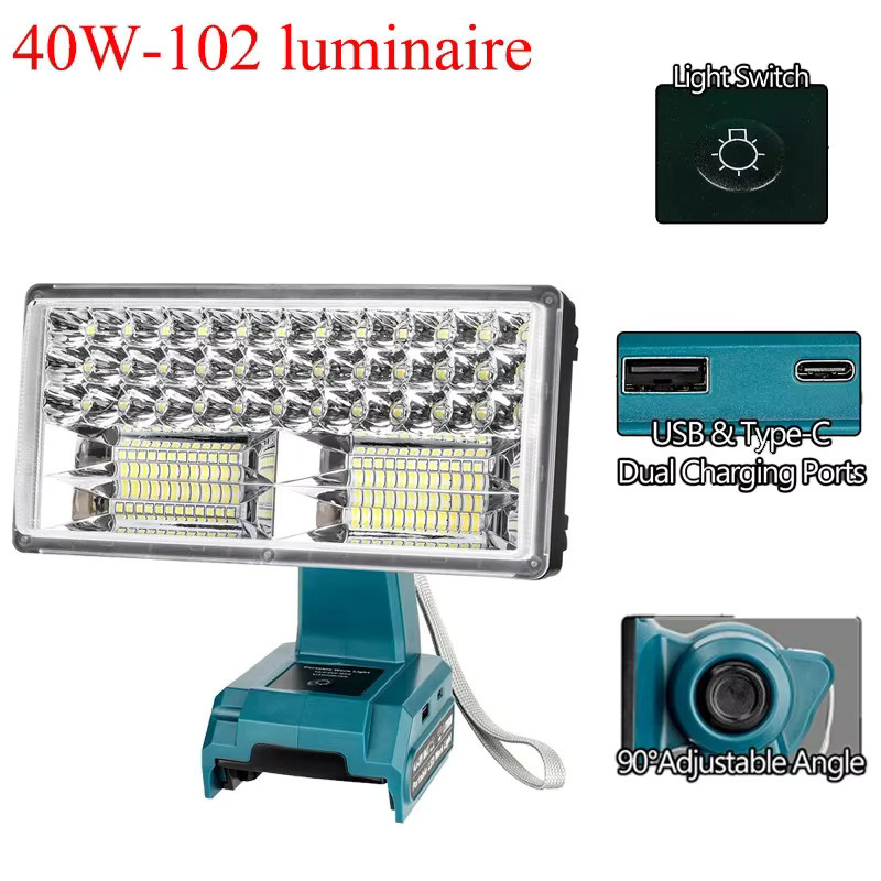 40 W Arbeitslicht mit 4200 lm und 5 V/2,1 A USB-Anschluss für 18 V/20 V Akkus von Makita, Milwaukee, Dewalt, Bosch, Black&Decker, Craftsman und Ryobi - Bild 2