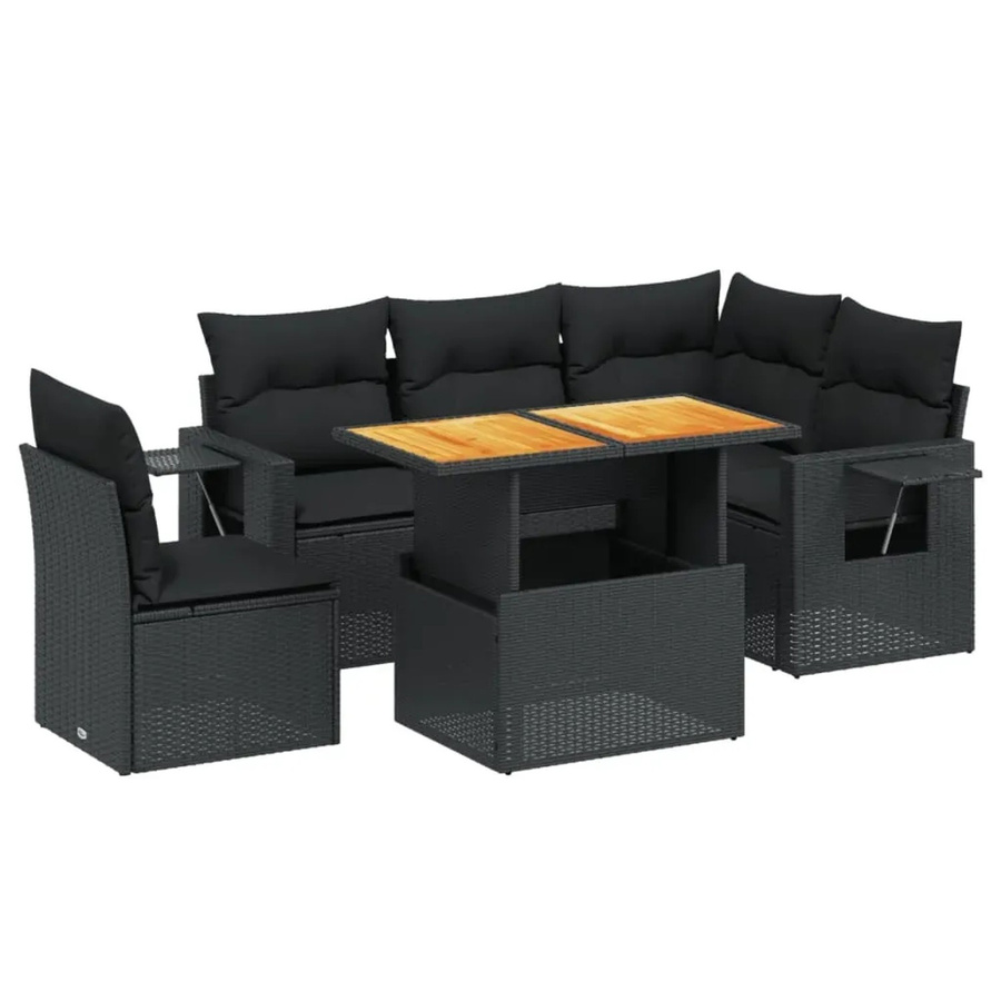 vidaXL 6-teilige Garten-Sofagarnitur in L-Form aus Poly-Rattan und Akazienholz mit Kissen in Schwarz - Bild 2