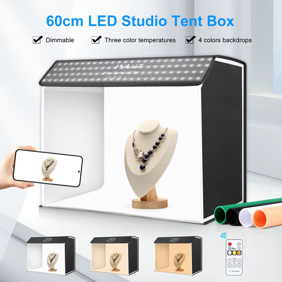 PULUZ Fotostudio-LED-Lichtbox mit 4 farbigen Hintergrundboxen, tragbares Fotografie-Studio-Zelt-Set, Farbe: Schwarz, B/T/H: 60 x 40 x 24 cm - Bild 1