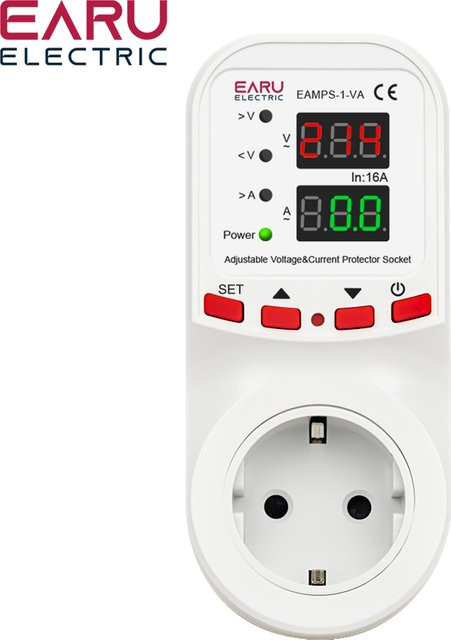 EARU Automatischer Überspannungs- und Strombegrenzer mit Energiemonitor und kWh-Zähler, Weiß, 16A, AC 230V, 50/60Hz - Bild 1