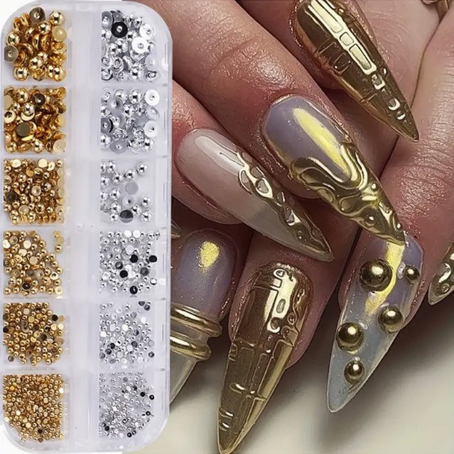 Metallische Stahlkugeln Nail Art Dekorationen, Silbern und Gold, 12 Gitter - Bild 1