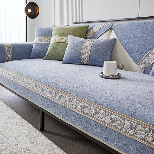 Universal Chenille Jacquard Sofabezug in L-Form mit floraler Stickerei, Farbe Blau, B/T: 70 x 70 cm - Bild 1