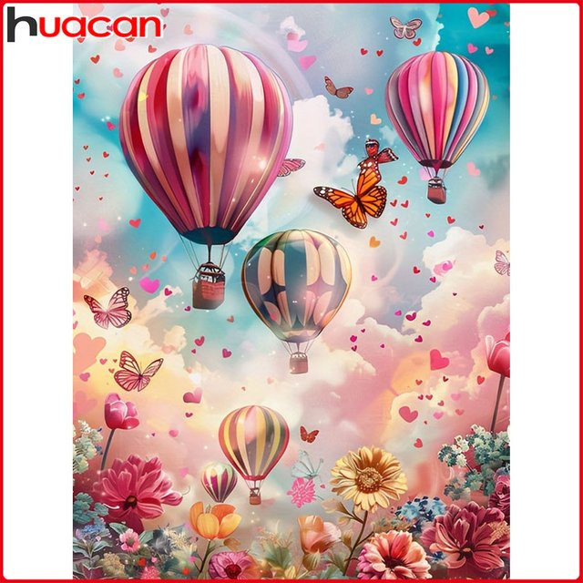 Huacan Diamant-Gemälde Heißluftballon und Blumen als Landschafts-Mosaik in Mehrfarbig mit runden Steinen - Bild 1