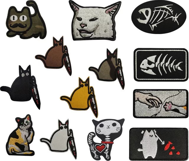 ZTY Bestickte Aufnäher Set mit Motiven wie Messer, Fisch, Katze und Rucksack mit Klettverschluss und Hakenschlaufen für Kleidung - Bild 1