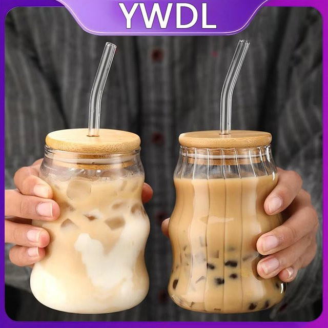 YWDL Glasbecher mit Bambusdeckel und Strohhalm, transparenter Tumbler für Saft, Kaffee oder Milch, 500 ml - Bild 1