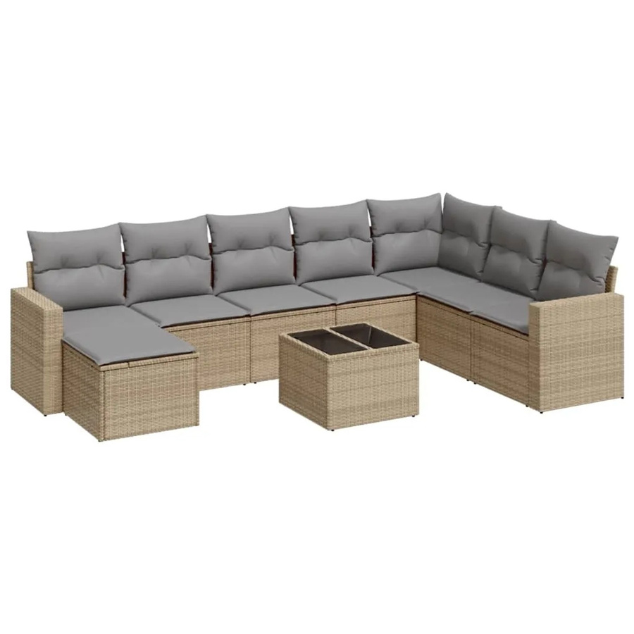 vidaXL 9-tlg. Garten-Sofagarnitur in L-Form aus Poly-Rattan mit Kissen in Beige und Hellgrau - Bild 2