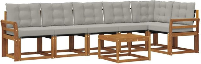 vidaXL Outdoor-Sofagarnitur 7-teilig aus Akazienholz und Textilene in Natur und Hellgrau mit Kissen und Armlehnen - Bild 1