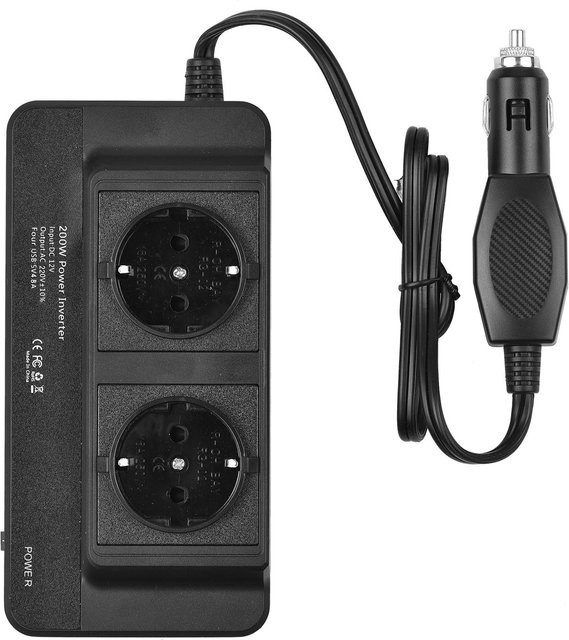 Igeteck Auto-Wechselrichter 200 W, DC 12 V zu AC 220 V Konverter mit 2 AC-Ausgängen, 4 USB-Anschlüssen, Schwarz - Bild 1