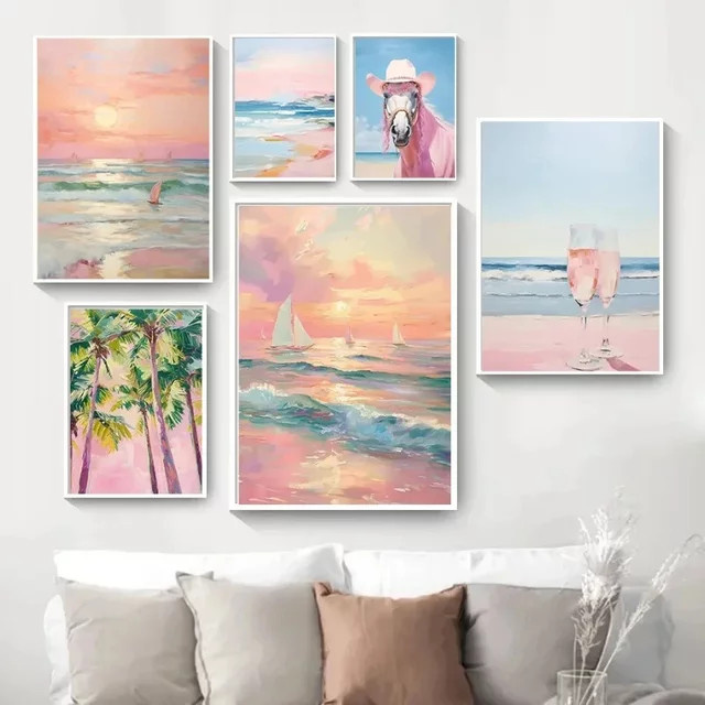 Potdemiel Leinwandmalerei Rosa Pferd an der Küste im Boho-Stil als Wanddeko für dein Zimmer - Bild 1
