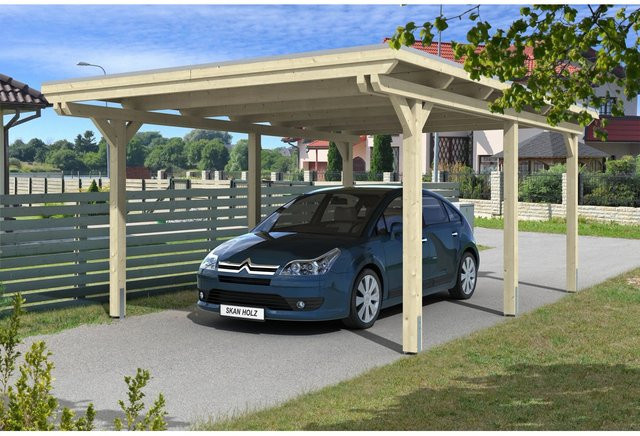 Skan Holz Carport Emsland Flachdach aus Fichte Leimholz in Beige mit Aluminium-Dachplatten, B/T: 404 x 604 cm, Höhe: 242 cm - Bild 1