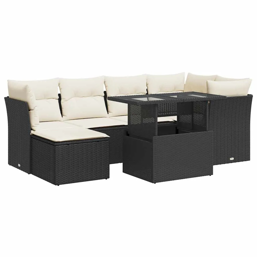 vidaXL 7-teilige Garten-Sofagarnitur aus Poly-Rattan mit Kissen in Schwarz-Creme - Bild 2