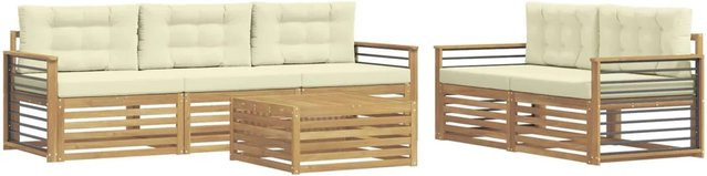 vidaXL Outdoor-Sofagarnitur aus Akazienholz mit Polstern in Weiß und Beige, 6-teiliges Set mit Tisch und Kissen im modernen Latten-Design - Bild 1