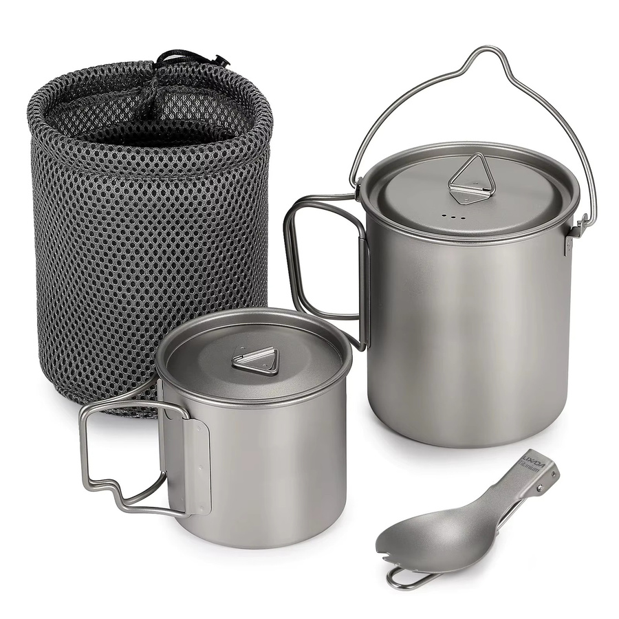 Lixada Titan Outdoor-Camping Geschirr-Set in Silber mit 750 ml Topf und 350 ml Becher inklusive Deckel, zusammenklappbarem Griff und Spork - Bild 4