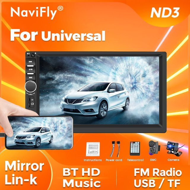Navifly Universal Auto Multimedia Radio Player mit 7 Zoll HD Bildschirm, Bluetooth, USB, TF und SWC Unterstützung, Schwarz - Bild 1