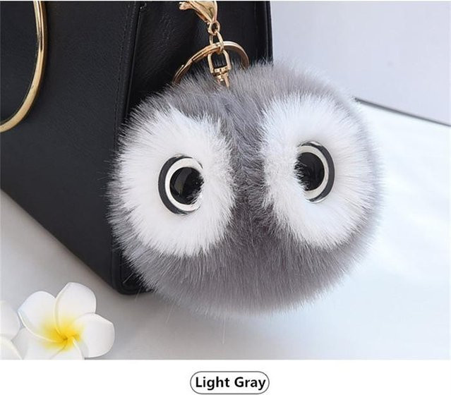 Linyi toy Eulen-Schlüsselanhänger, Kaninchenfell-Kugel-Pompom, hellgrau, Damen - Bild 1