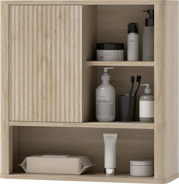Wandhängender Badezimmerschrank von Aosom mit Schiebetüren und offenen Regalen, natürliche Holzoberfläche, B/T/H: 60 x 20 x 62 cm - Bild 1