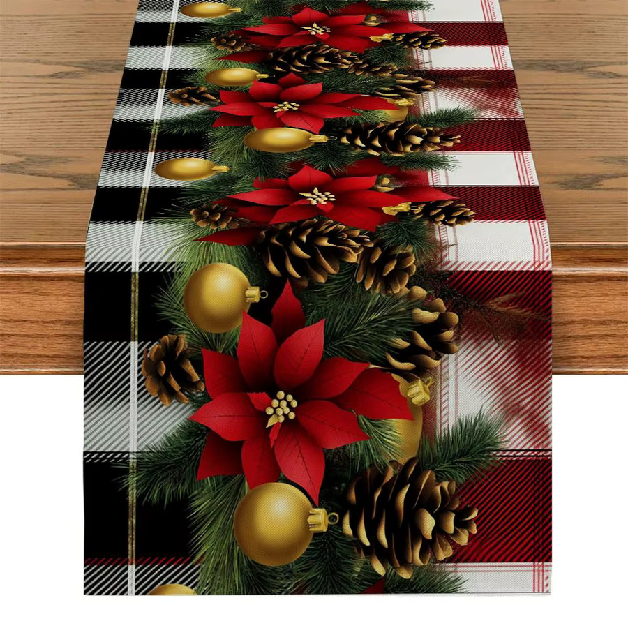VIKAMA Weihnachts-Tischläufer mit Karomuster, Stechpalme und Tannenball für deine festliche Dekoration - Bild 1
